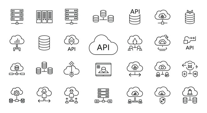 Vector illustration of set of cloud computing and server infrastructure thin line icons
