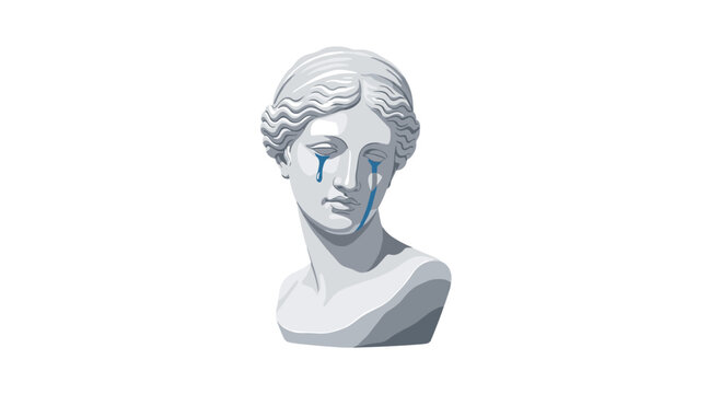 A pristine white stone sculpture of a female bust is positioned at a three-quarter angle with vibrant blue tears flowing down her sad and grieving face.