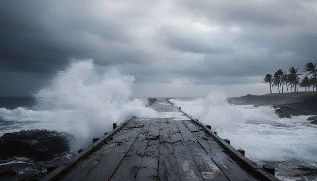 Stormy pier with crashing waves on rough sea under dark clouds