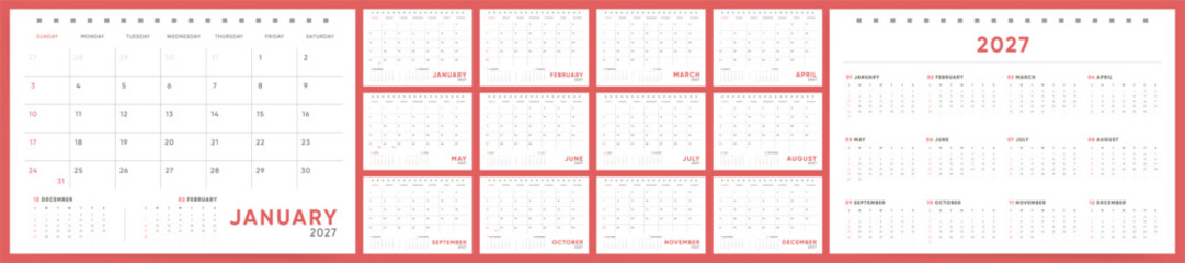 2027 Monthly Calendar template set. Clean minimal calendar for 2027 with full weekday names and annual overview. Week starts on Sunday. © Takoyaki Shop
