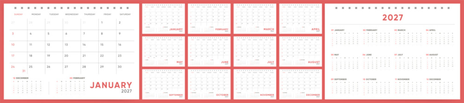 2027 Monthly Calendar template set. Clean minimal calendar for 2027 with full weekday names and annual overview. Week starts on Sunday.