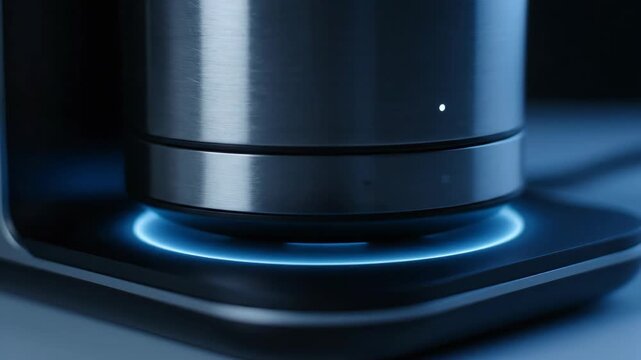 Levitating metal cylinder with blue light effect, futuristic technology and innovation concept.