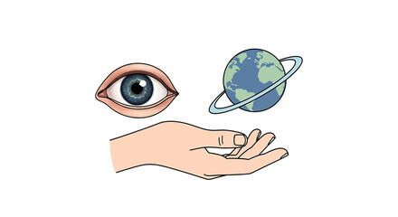 Hand holding eye and planet earth. © Lilik