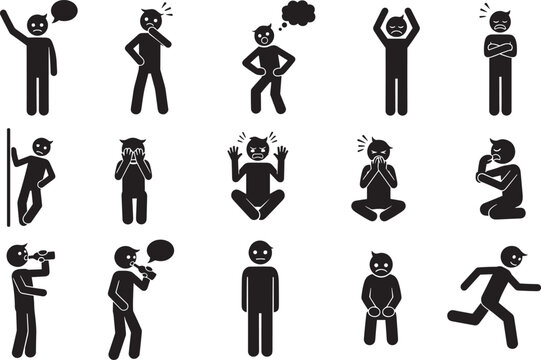 Stick figure gesture icons set, expressive body posture silhouettes, communication reaction illustration, human emotion symbols, behavior design