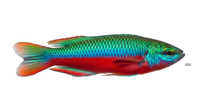 Vibrant rainbowfish with iridescent scales and colorful fins isolated on white background