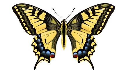 Fototapeta premium Vibrant swallowtail butterfly with yellow and black patterned wings isolated on white background