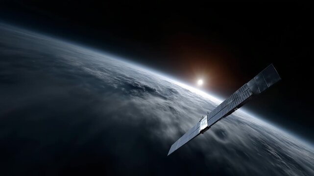 Single flat-panel communications satellite in low Earth orbit above the planet, large rectangular solar array facing the viewer, minimal spacecraft bus at the base