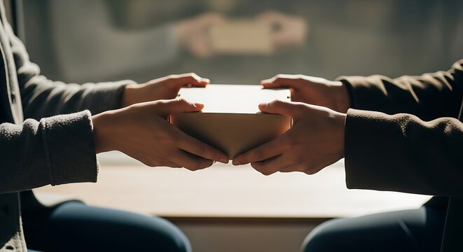 Two people exchanging a gift box, symbolizing generosity and connection.