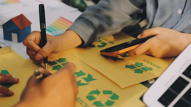 Business executives collaborating on environmental sustainability strategy utilizing renewable energy solutions to achieve net zero targets in corporate meeting.