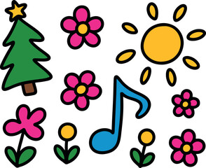 Naklejka premium Colorful floral nature vector set with smiling sun christmas tree bright flowers and blue music note.