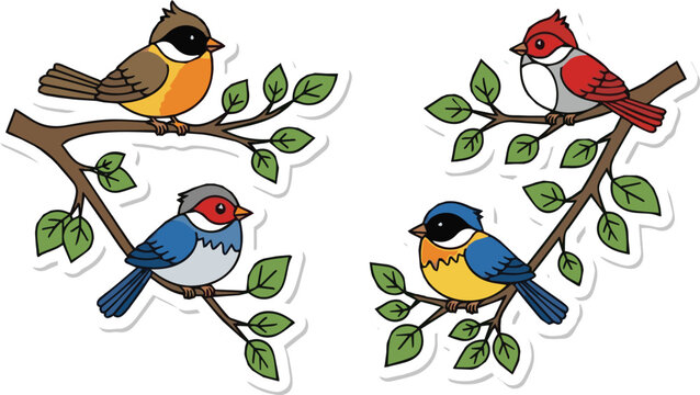 Set of cute cartoon birds and a wild owl with colorful wings and beaks perched on a spring tree branch in a nature vector illustration design