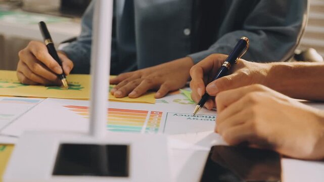 Business executives collaborating on environmental sustainability strategy utilizing renewable energy solutions to achieve net zero targets in corporate meeting.