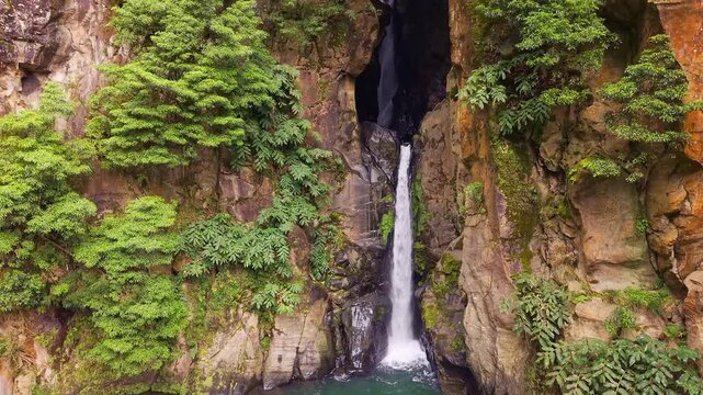 Aerial View of Cascata do Salto do Cabrito Waterfall Azores