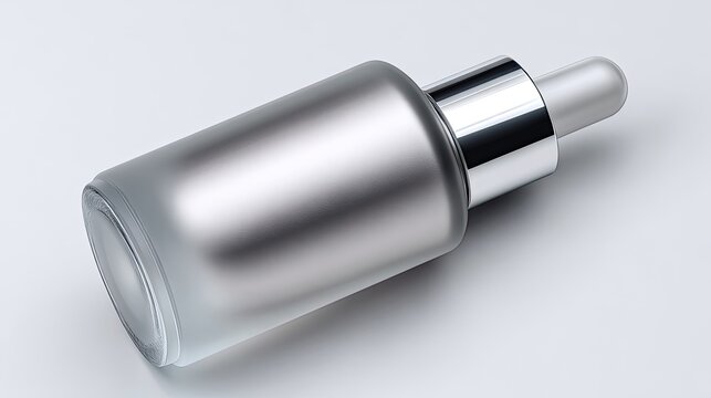Frosted glass serum dropper bottle unbranded clean label area 3/4 angle soft studio lighting light gray seamless background