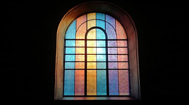 Large arched colorful stained glass window light streaming through, dark church Ireland 1910 black background straight ahead view