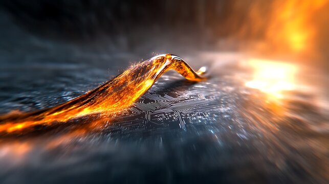 Abstract technological landscape with glowing wave and digital circuit pattern creating a futuristic atmosphere and vibrant energy flow in the background