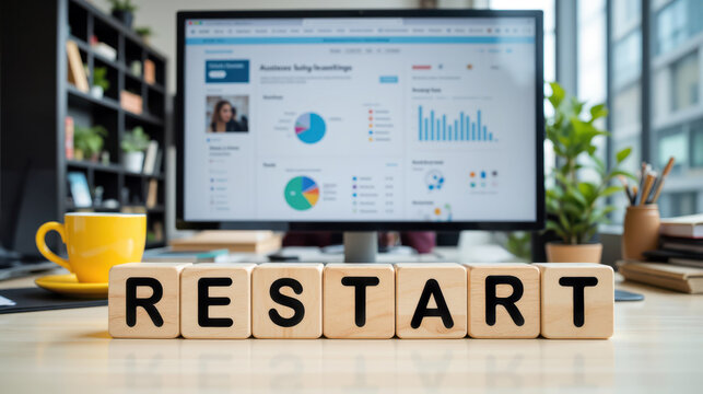 Strategic restart of business operations and commercial project reboot to initiate company growth after economic stagnation or structural reorganization within a global marketplace environment