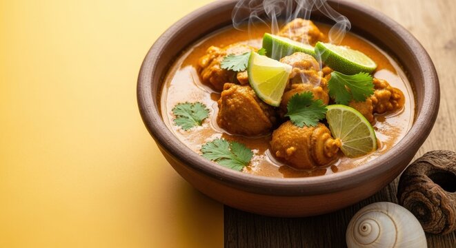 Traditional Caribbean Lambi Conch Curry with Warm Yellow Recipe Space and Botanical Accents