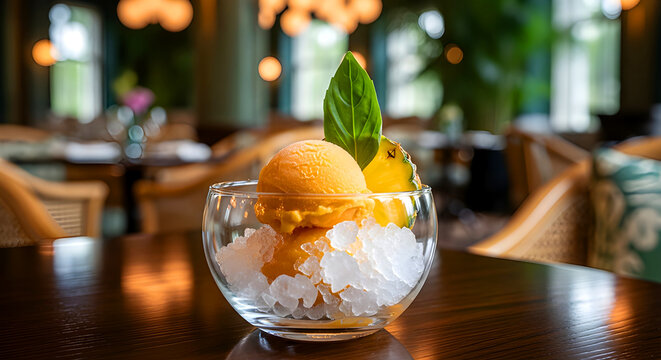 Mango Sorbet with Crushed Ice in Glass Bowl &mdash; Sorbet Mangga dengan Es Serut dalam Mangkuk Kaca