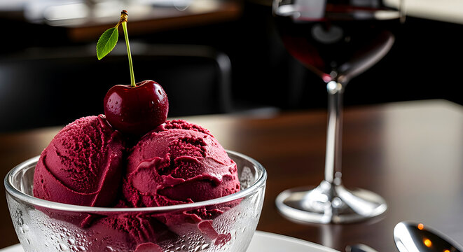 Cherry Chocolate Ice Cream with Wine Glass in Background &mdash; Es Krim Cokelat Ceri dengan Gelas Anggur di Latar Belakang