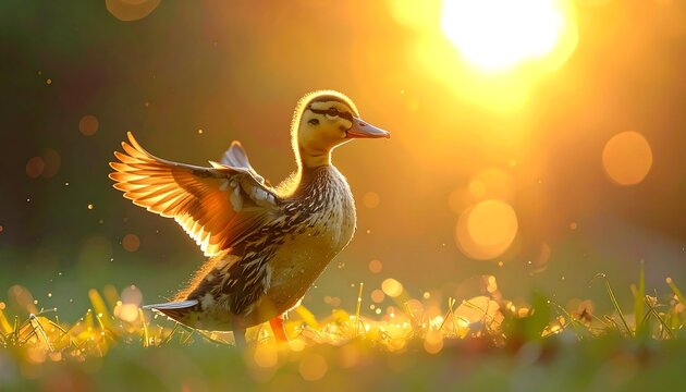 A duck flaps its wings on grassy ground