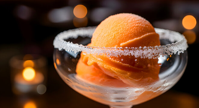 Orange Sorbet in Sugar Rim Glass Bowl &mdash; Sorbet Jeruk dalam Mangkuk Kaca dengan Pinggiran Gula