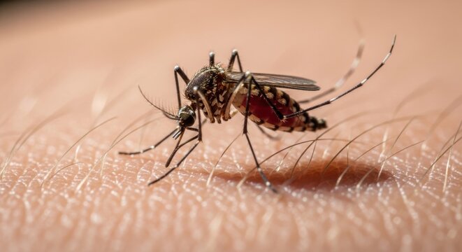 Mosquito biting human skin. Macro view of blood sucking insect. Disease transmission and malaria vector. Parasite carrier, viral infection risk, medical and science health research.