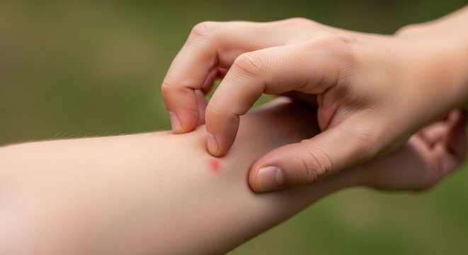 Child scratching skin with red bump from mosquito bite. Close up of irritation on arm. Concept of malaria awareness, disease transmission and tropical insect bite prevention.
