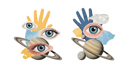 Eyes and hands with planets and solar system. © Lili