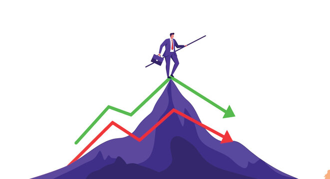 Businessman standing on a mountain peak with a briefcase and flag, symbolizing success and leadership in a corporate setting with graphs.