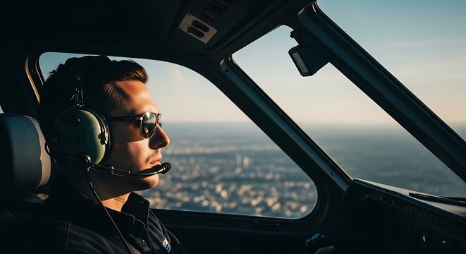 Pilot in cockpit wearing headset and sunglasses flying over city.
