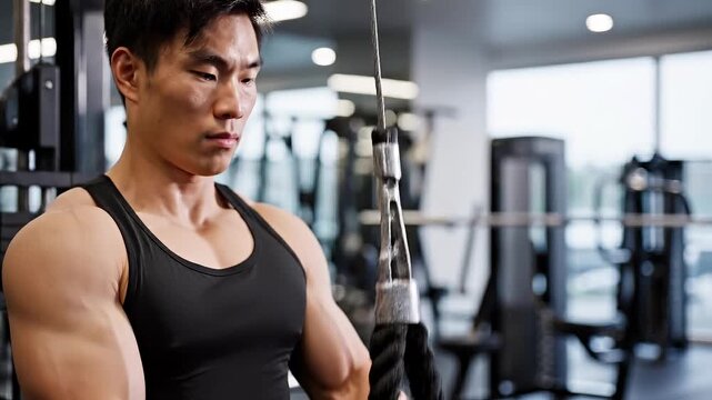 Asian male athlete performs cable rope exercise in gym, focusing on strength training with visible gym equipment and mirrors in the background