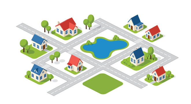 Isometric illustration of a small colorful suburban neighborhood with houses