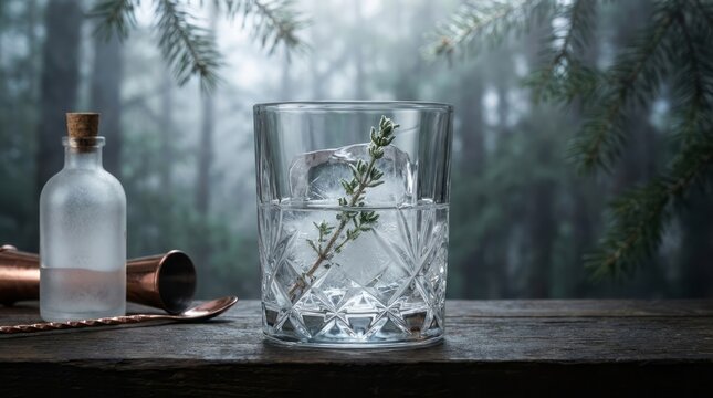 Refreshing Drink with Herb in Forest Setting Drink Cocktail Ice Herb Forest Nature Glass. Concept featuring drink, cocktail, ice, herb, forest for professional commercial design.