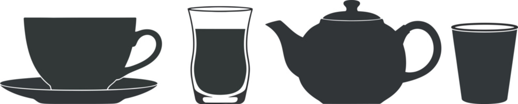 A collection of black silhouette icons representing various types of tea and coffee kitchenware