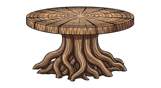 A detailed illustration of a rustic wooden tree stump table