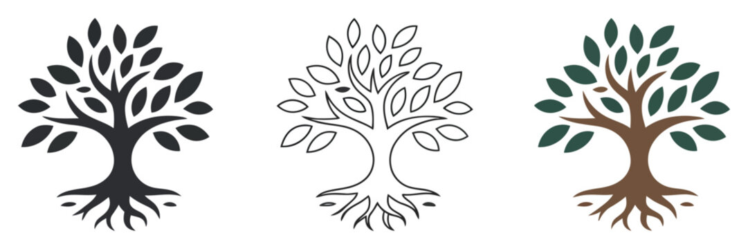 tree of knowledge icon with roots and branches, black silhouette, flat, outline and colored styles, minimal vector icon set, educational concept, growth and learning theme, clean design for stock imag