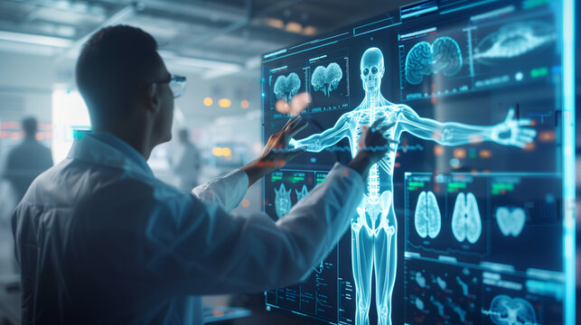 Man using digital x-ray human body holographic scan projection 3D rendering. Man on blurred background using digital x-ray human body holographic scan projection 3D rendering