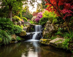 Obraz premium Cascading waterfall amidst lush foliage, colorful flowers, and smooth water, creating a serene, peaceful landscape