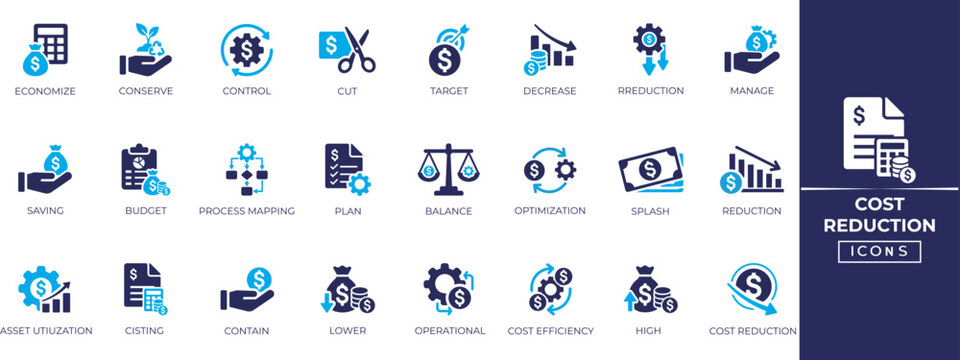 Cost Reduction solid icon set. Efficiency, operating, plan, profit, target, balance, budget, and more. Solid icon collection.