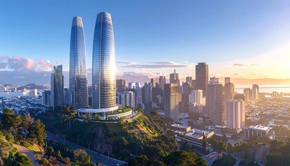 Obraz premium A futuristic cityscape with sleek skyscrapers at sunset