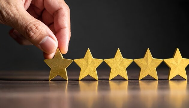 Five-star rating concept with hand adding final star, representing success, feedback, and top performance.