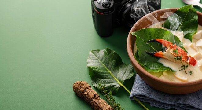 Traditional Caribbean Callaloo Soup with Crab Claw on Green Editorial Negative Space