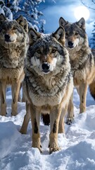 Obraz premium A pack of wolves walking through snow towards the viewer