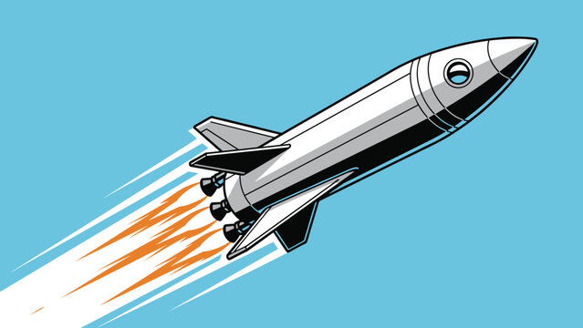 Retro style rocket ship blasting through a clear blue sky with bright orange flames shooting from its powerful engines.