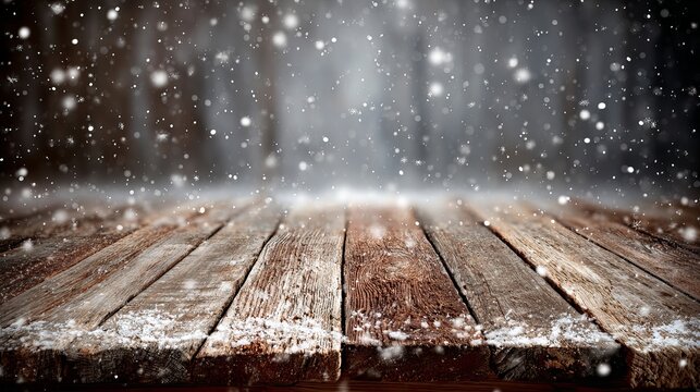 A wooden deck covered in snow during a snowfall with a dark background