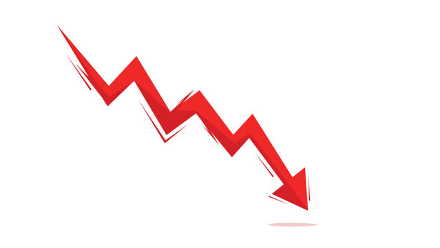 Sharp red arrow pointing downwards in a jagged graph style against a white background represents financial loss or economic decline.
