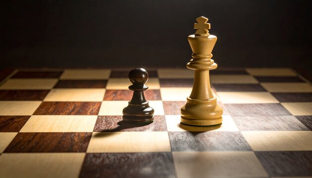 Chess king and pawn facing each other on board, symbolizing strategy, leadership, and competition in business and decision making.