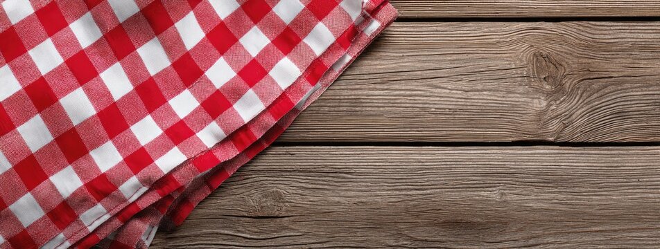 Red and White Gingham Fabric Draped on Rustic Wooden Table Surface.