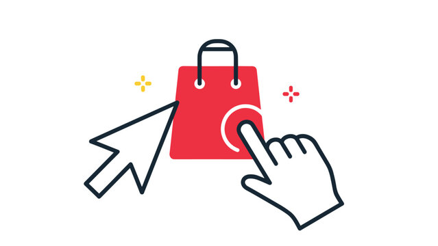 Concept of online shopping featuring a red shopping bag being interacted with by a computer mouse cursor and a clicking hand.